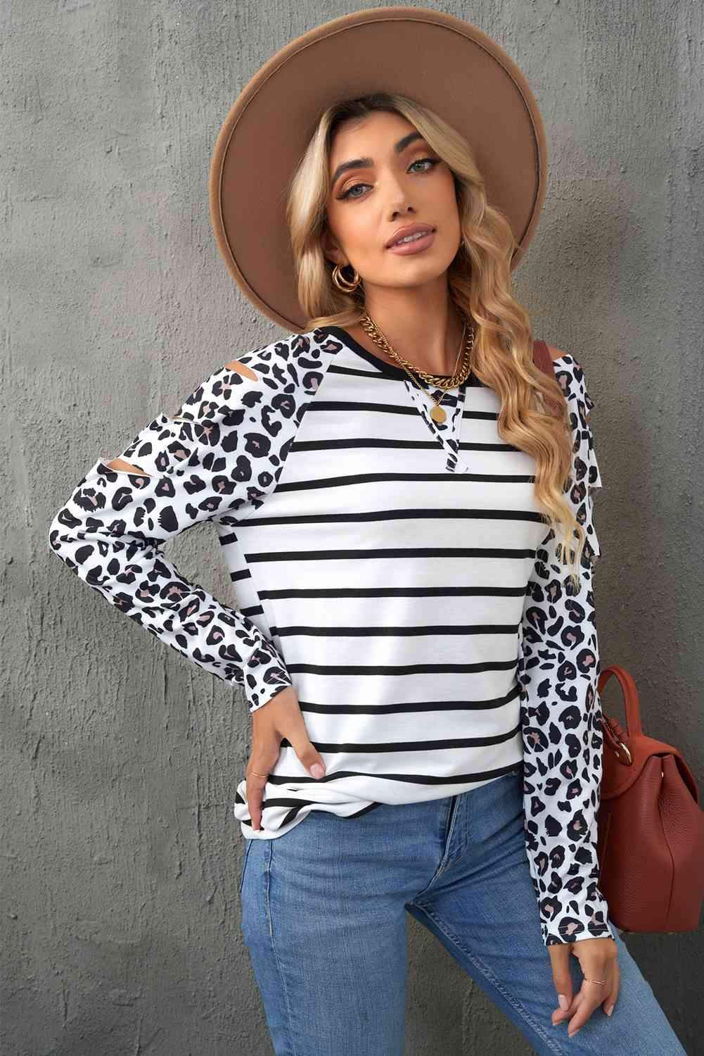 Leopard Print Striped Distressed Long Sleeve Tee Women's T-Shirts - Tophatter Daily Deals