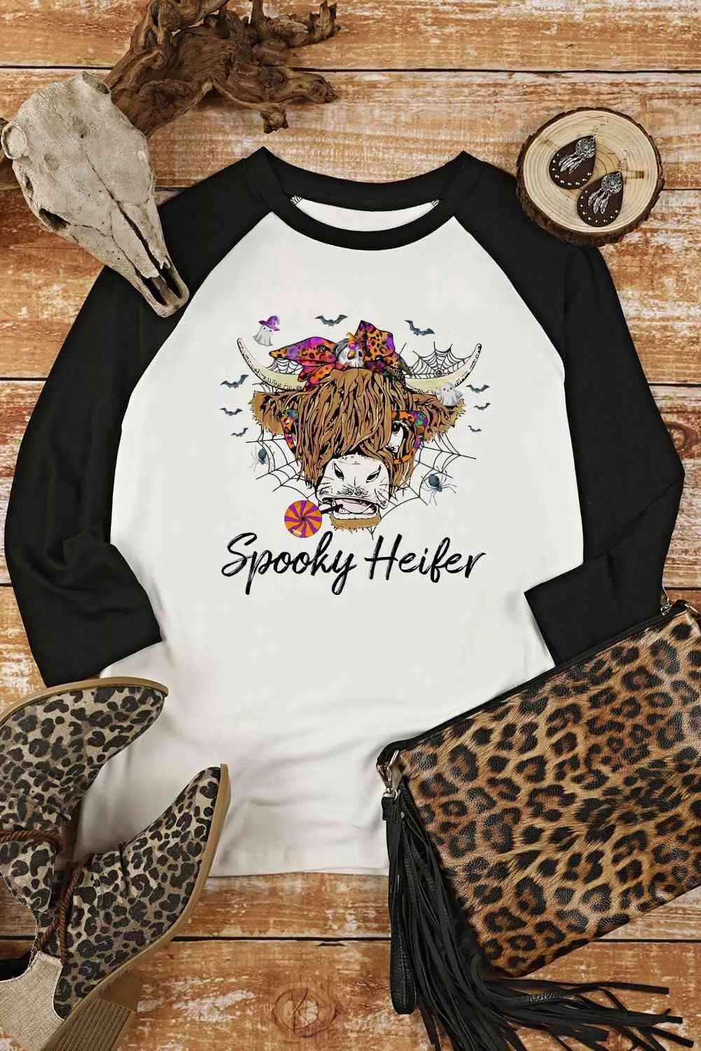 Round Neck Raglan Sleeve Halloween Theme T-Shirt - Tophatter Daily Deals