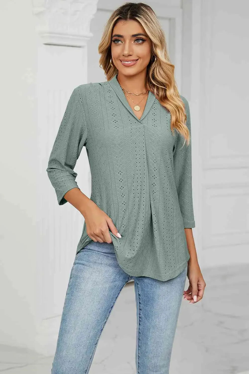Eyelet Three-Quarter Sleeve Blouse Gum Leaf Blouses - Tophatter Daily Deals