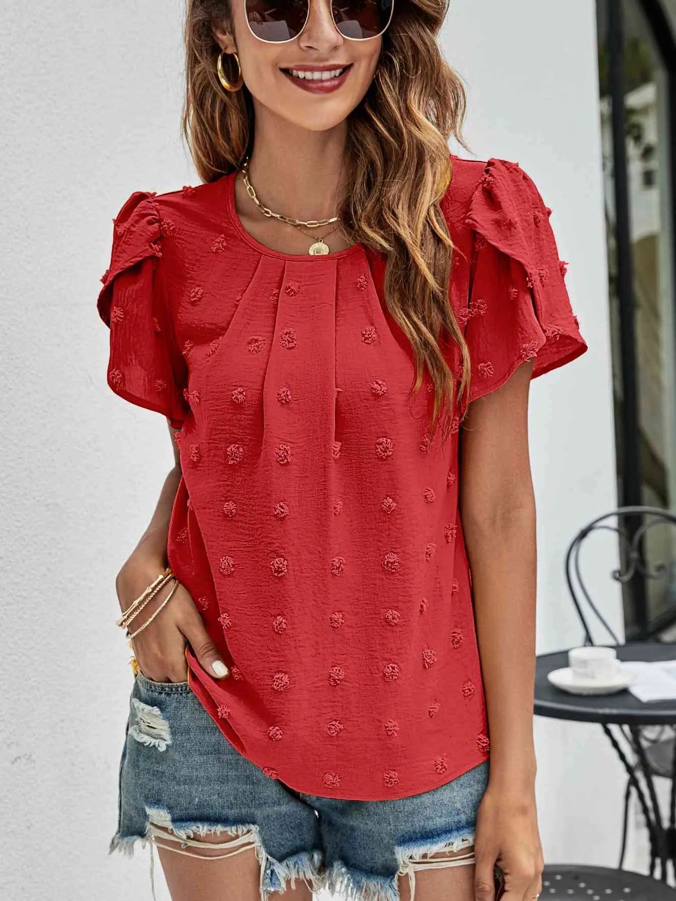 Swiss Dot Round Neck Petal Sleeve Top Red Blouses - Tophatter Daily Deals