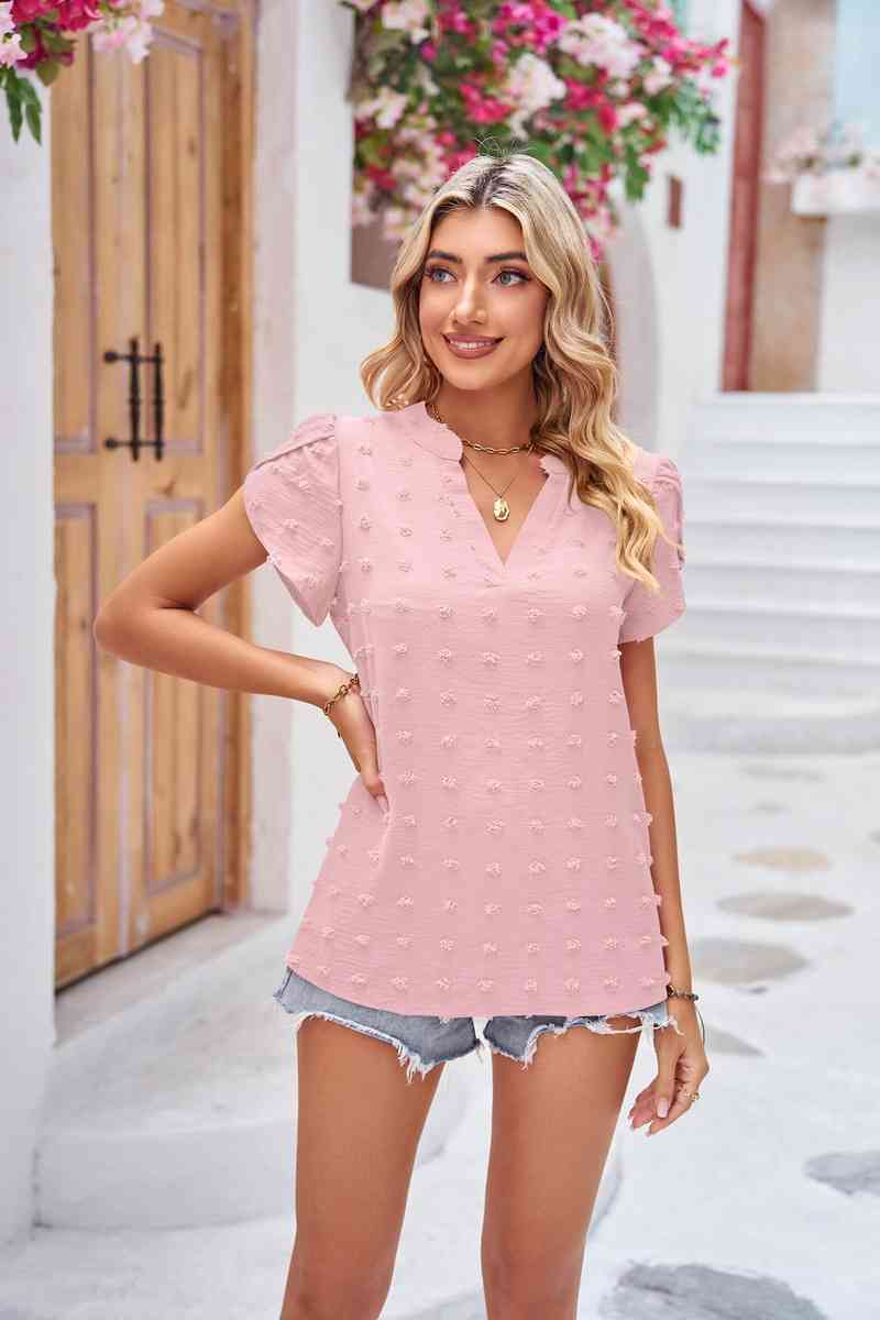 Swiss Dot Petal Sleeve Notched Top Blush Pink Women's T-Shirts - Tophatter Daily Deals