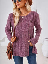 Ribbed Buttoned Round Neck Slit T-Shirt Women's T-Shirts - Tophatter Daily Deals