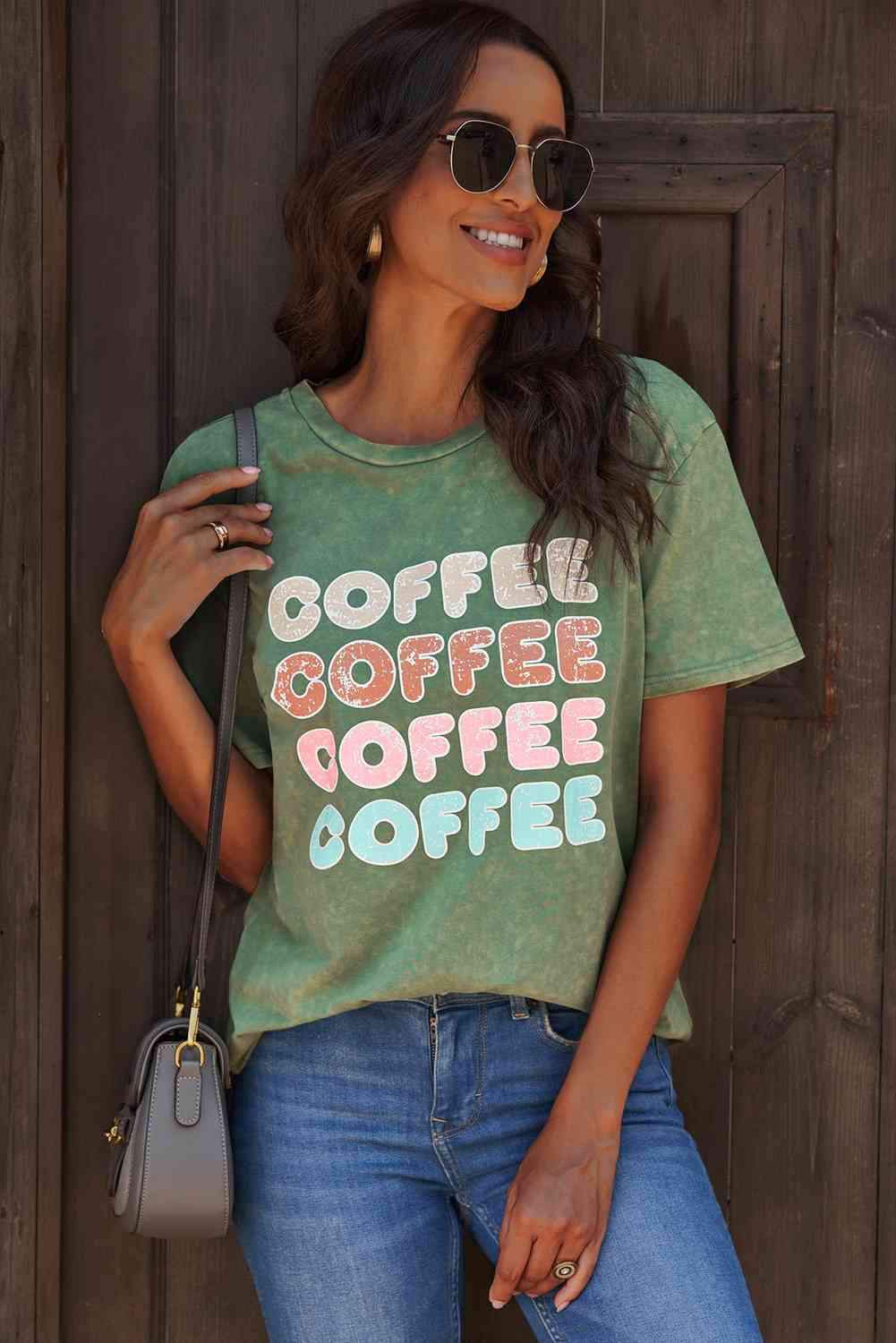 COFFEE Graphic Round Neck Tee Women's T-Shirts - Tophatter Daily Deals