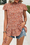 Ditsy Floral Mock Neck Short Sleeve T-Shirt Red Orange Women's T-Shirts - Tophatter Daily Deals