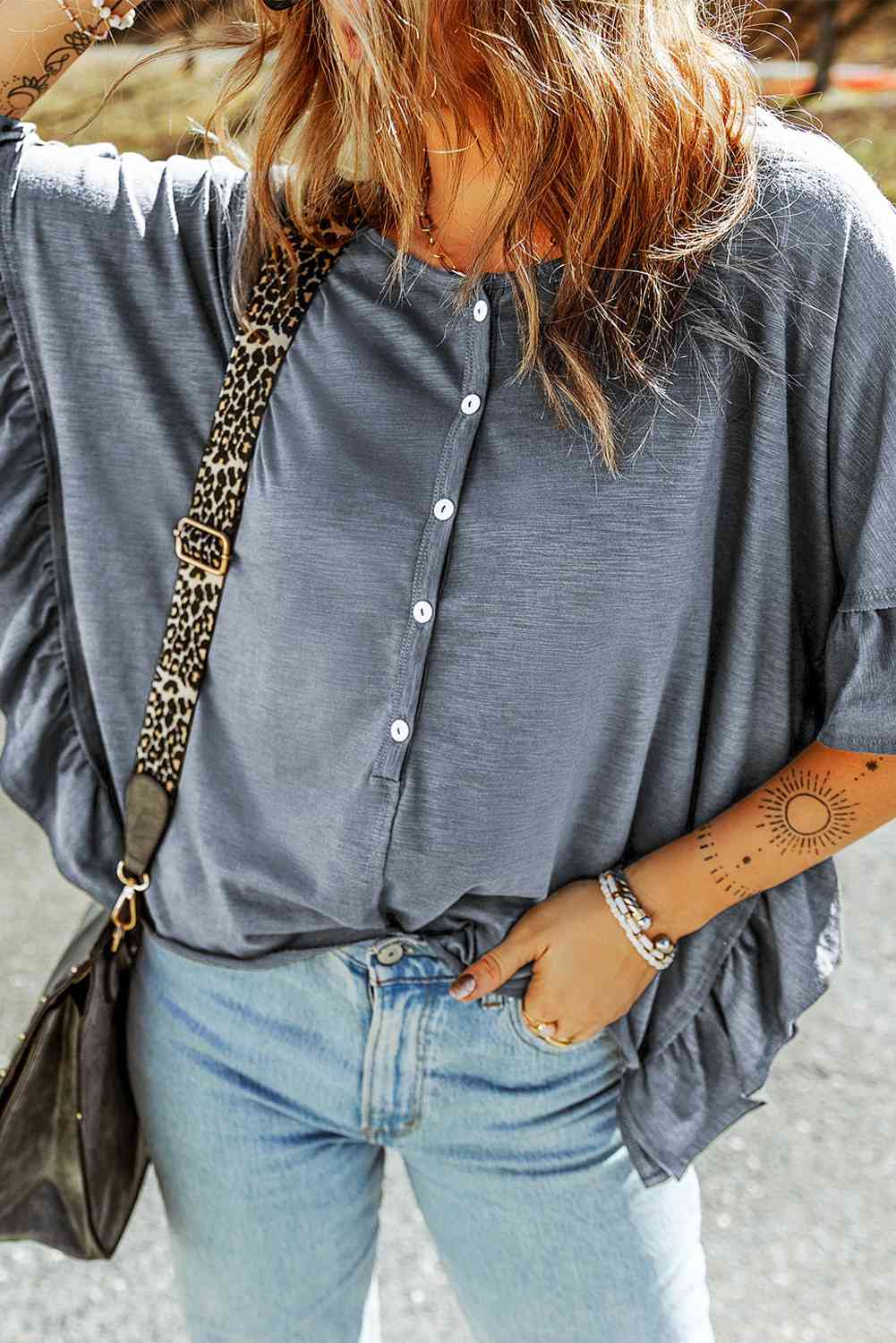 Button Front Flounce Sleeve Tee Women's T-Shirts - Tophatter Daily Deals