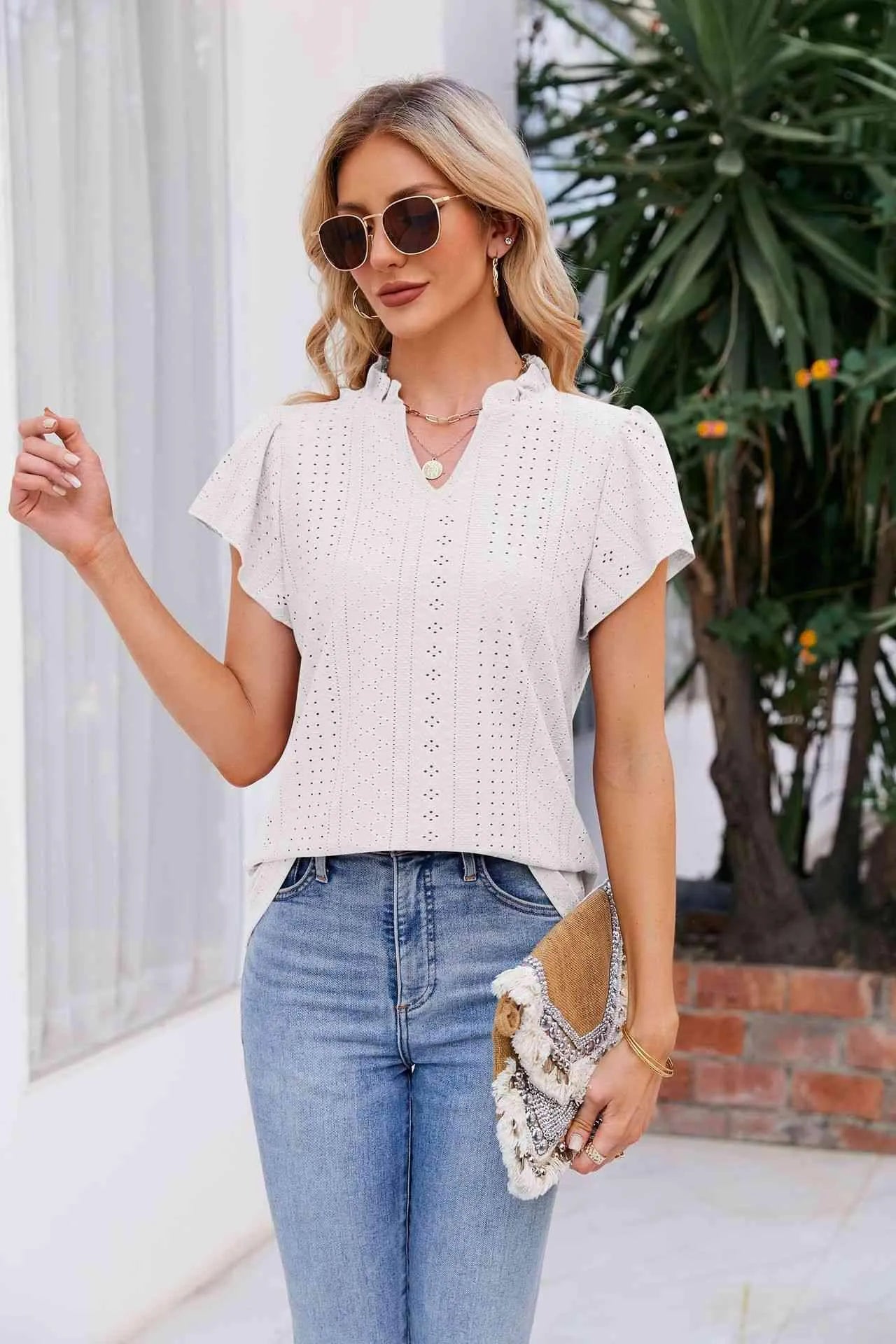 Notched Neck Puff Sleeve Blouse Blouses - Tophatter Daily Deals