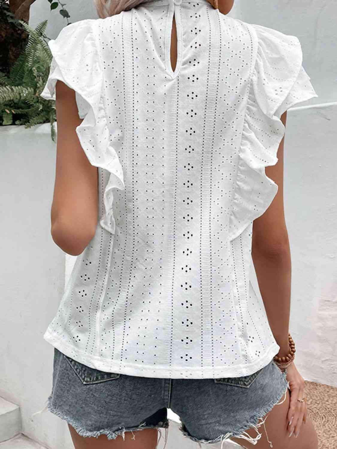 Eyelet Butterfly Sleeve Round Neck Blouse Blouses - Tophatter Daily Deals