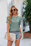 Round Neck Flutter Sleeve Eyelet Blouse Sage Blouses - Tophatter Daily Deals