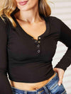 Half Snap Long Sleeve Crop Top Women's T-Shirts - Tophatter Daily Deals