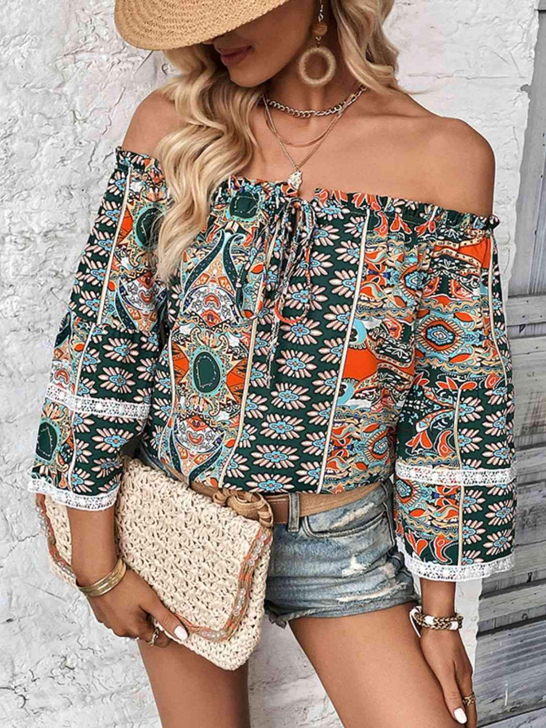 Printed Frill Trim Off-Shoulder Blouse Blouses - Tophatter Daily Deals