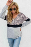 Leopard Color Block V-Neck Long Sleeve Top Blouses - Tophatter Daily Deals