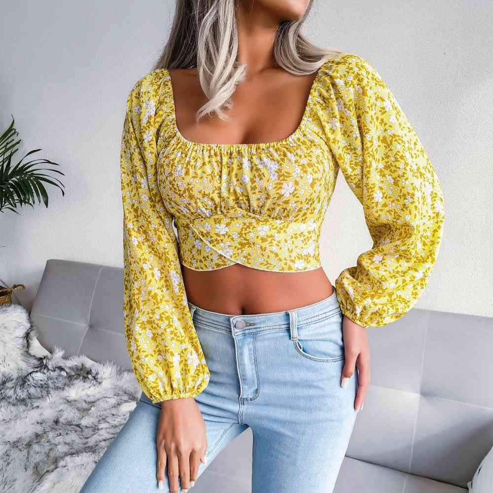 Ditsy Floral Crisscross Cropped Top Blouses - Tophatter Daily Deals