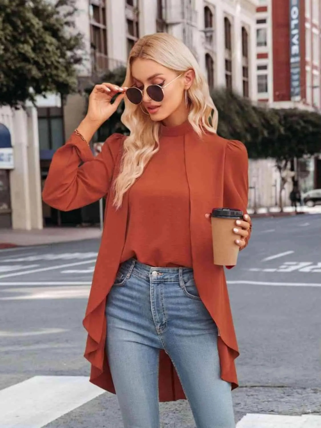 Long Puff Sleeve High-Low Blouse Brick Red Blouses - Tophatter Daily Deals