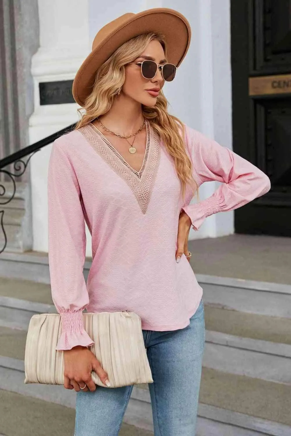 V-Neck Flounce Sleeve Blouse Blouses - Tophatter Daily Deals