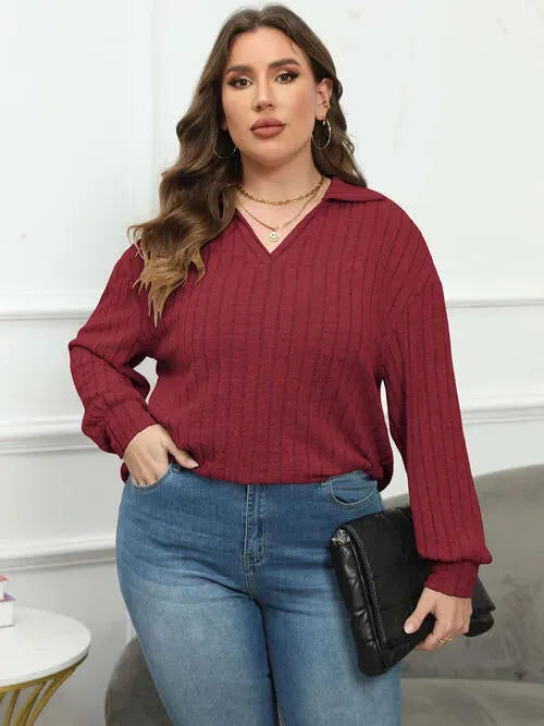 Plus Size Ribbed Collared Neck Long Sleeve Blouse Blouses - Tophatter Daily Deals