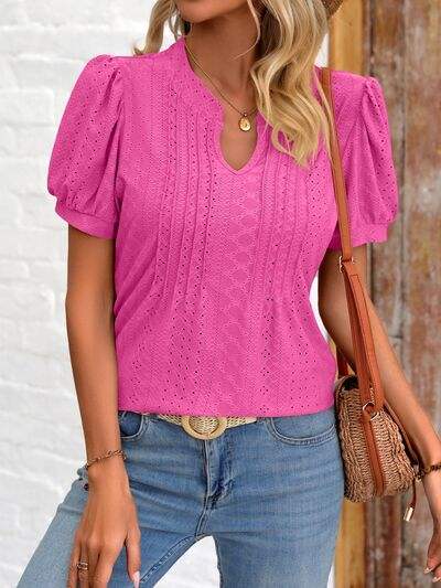 Eyelet Notched Puff Sleeve T-Shirt Hot Pink Women's T-Shirts - Tophatter Daily Deals