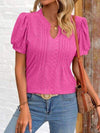 Eyelet Notched Puff Sleeve T-Shirt Hot Pink Women's T-Shirts - Tophatter Daily Deals