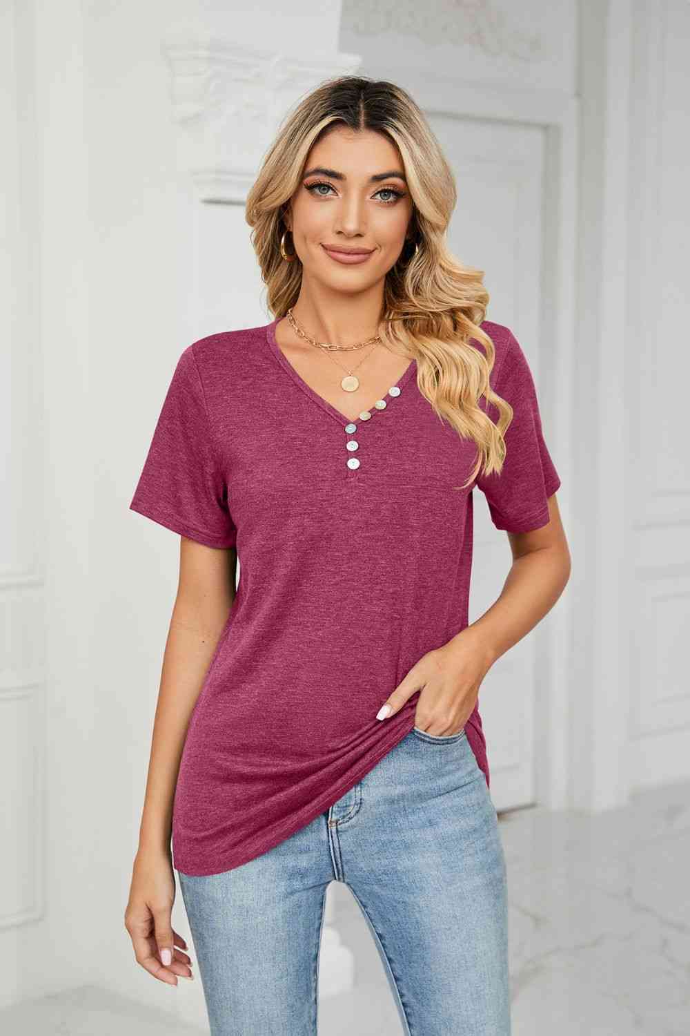 Decorative Button V-Neck T-Shirt Cerise Women's T-Shirts - Tophatter Daily Deals