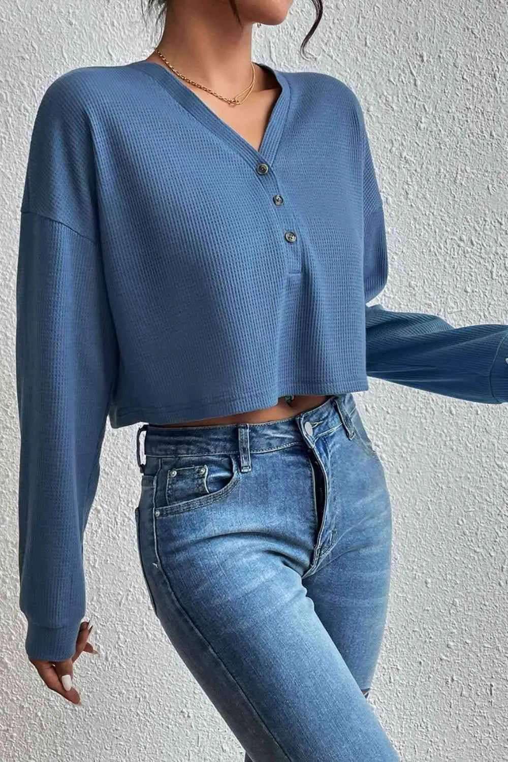Cropped V-Neck Raglan Sleeve Buttoned Blouse Blouses - Tophatter Daily Deals