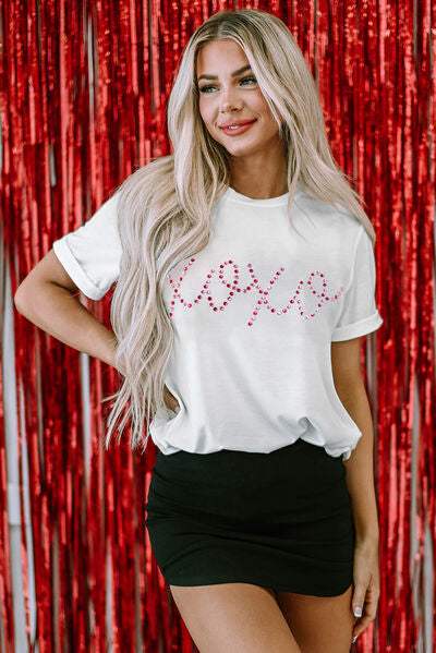 XOXO Rhinestone Round Neck Short Sleeve T-Shirt Women's T-Shirts - Tophatter Daily Deals