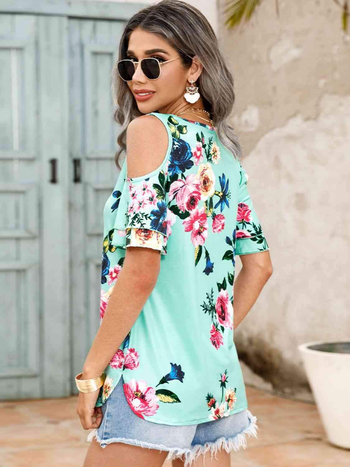 Floral Cold-Shoulder Short Sleeve Top Blouses - Tophatter Daily Deals