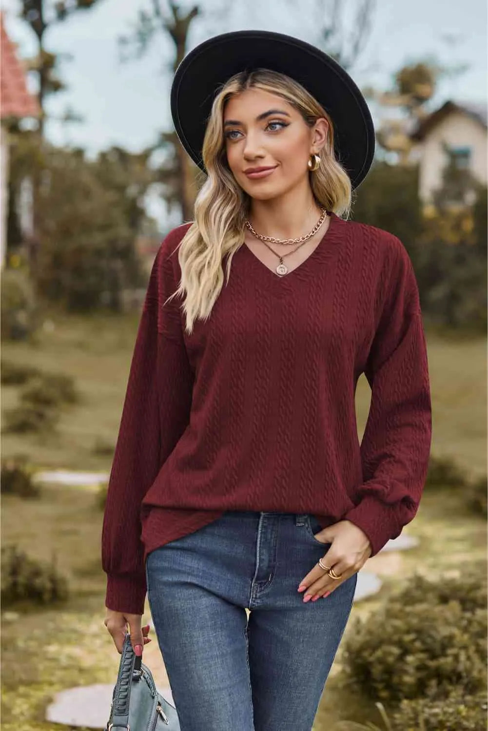 V-Neck Dropped Shoulder Blouse Wine Blouses - Tophatter Daily Deals