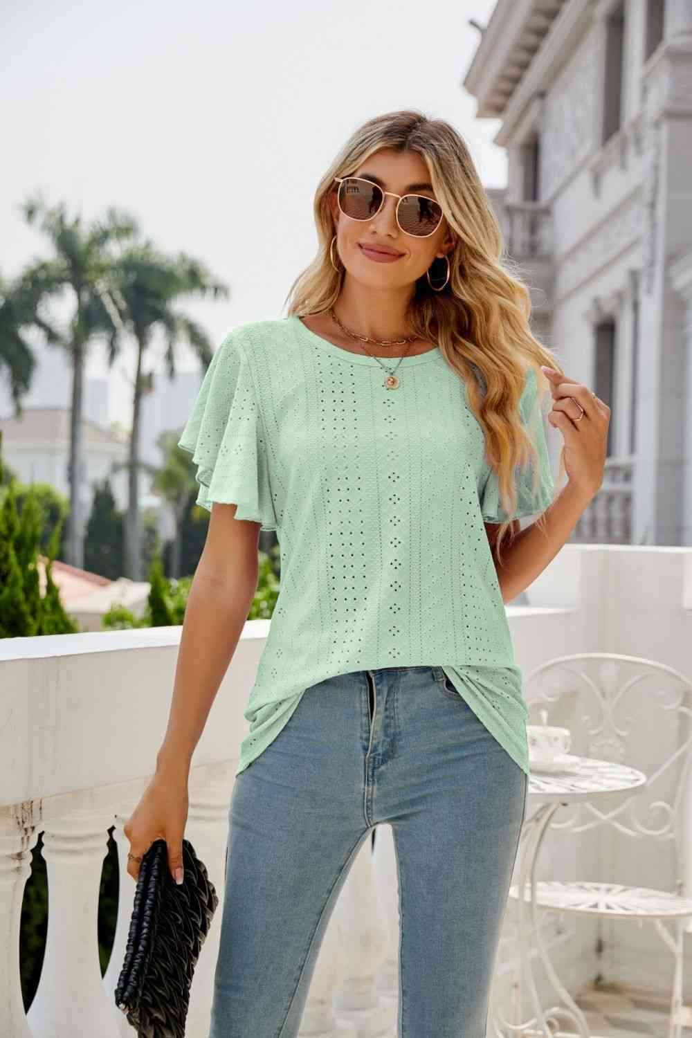 Eyelet Flutter Sleeve Round Neck Top Blouses - Tophatter Daily Deals