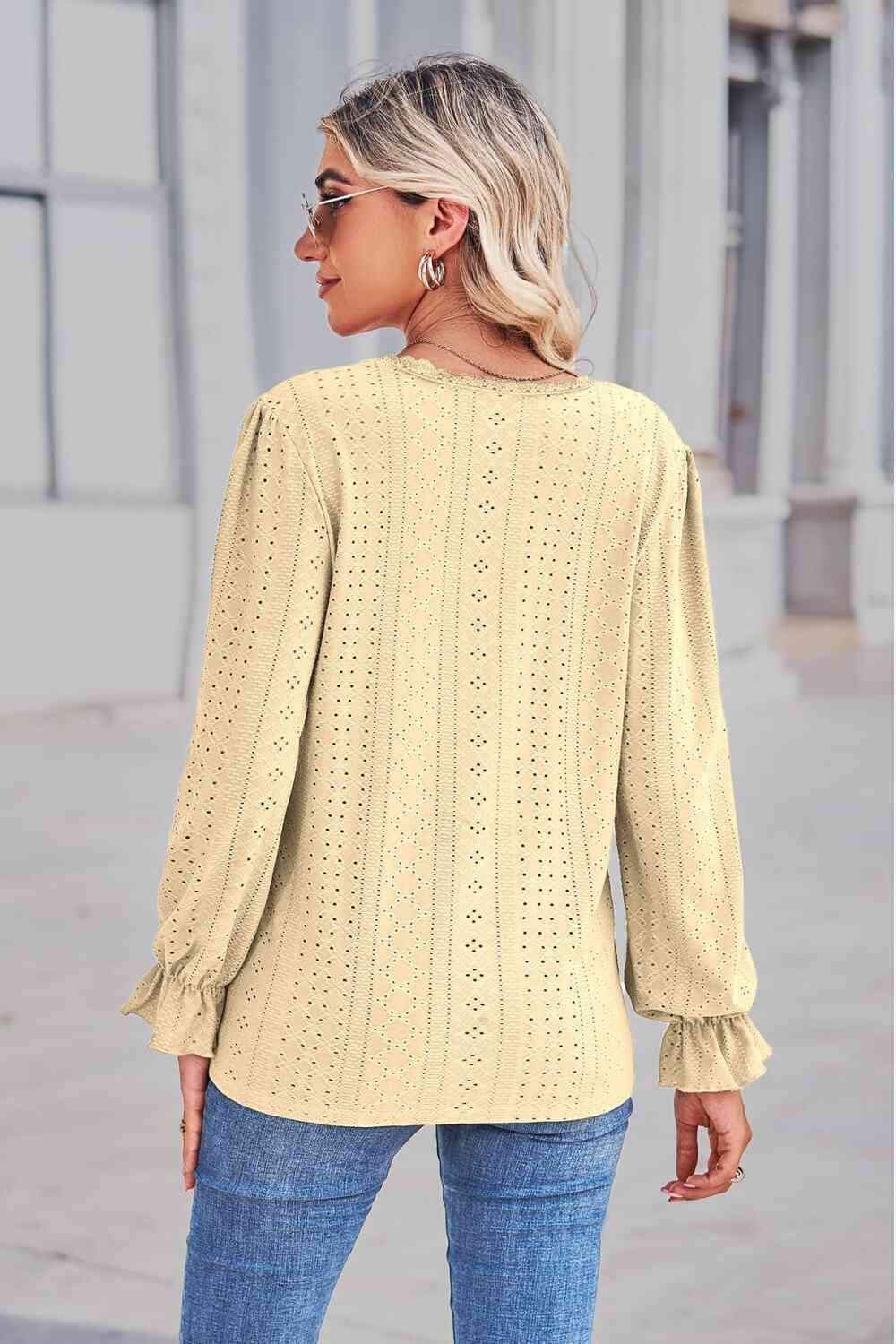 Lace Trim V-Neck Flounce Sleeve Top Blouses - Tophatter Daily Deals