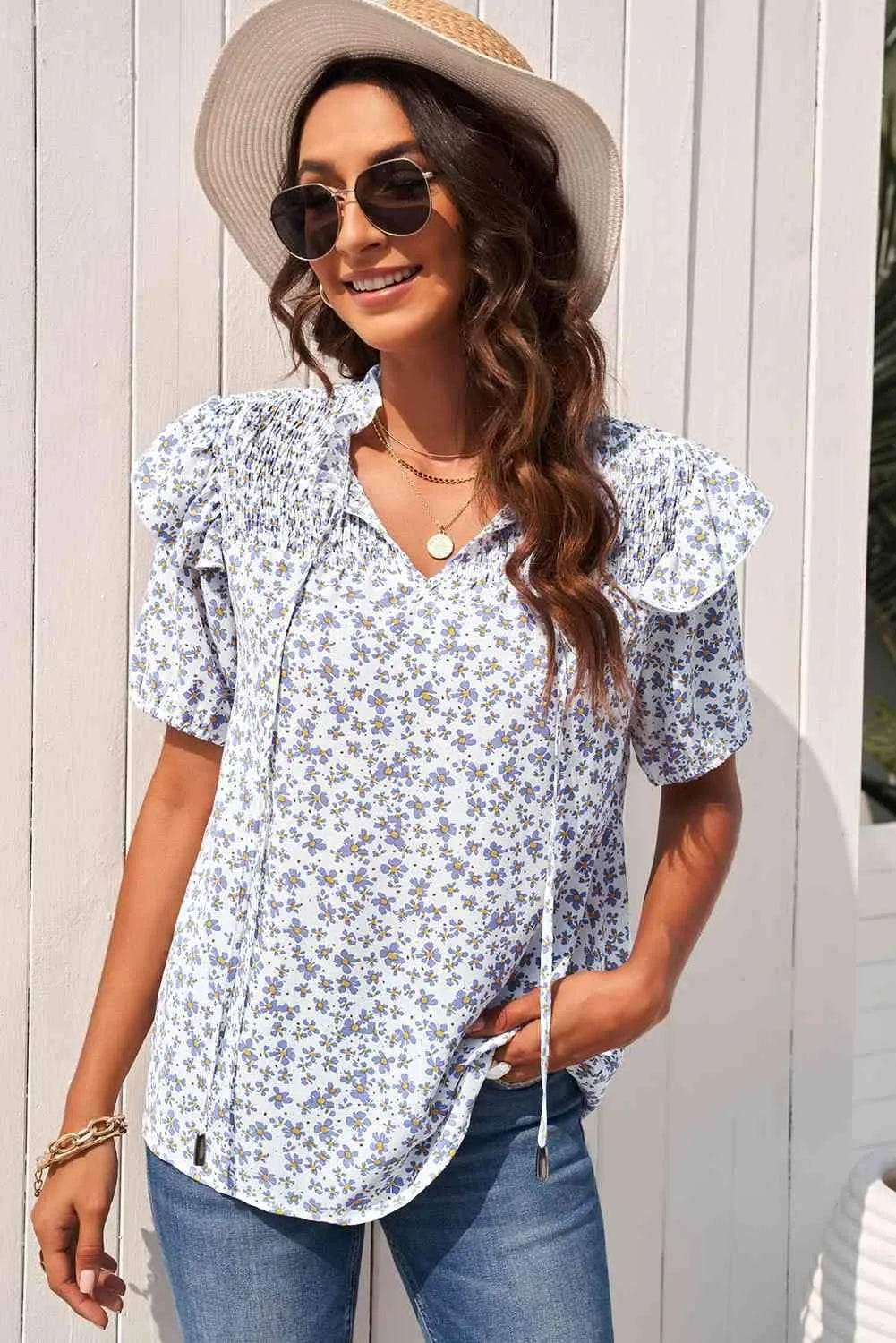 Floral Smocked Ruffle Shoulder Tie Neck Top Pastel Blue Blouses - Tophatter Daily Deals