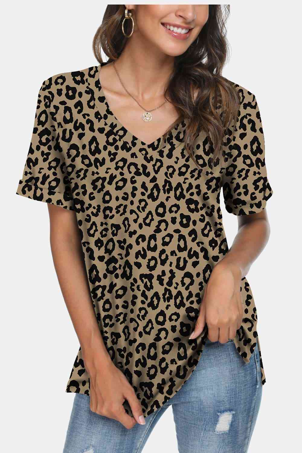 Leopard Print V-Neck Short Sleeve T-Shirt Women's T-Shirts - Tophatter Daily Deals