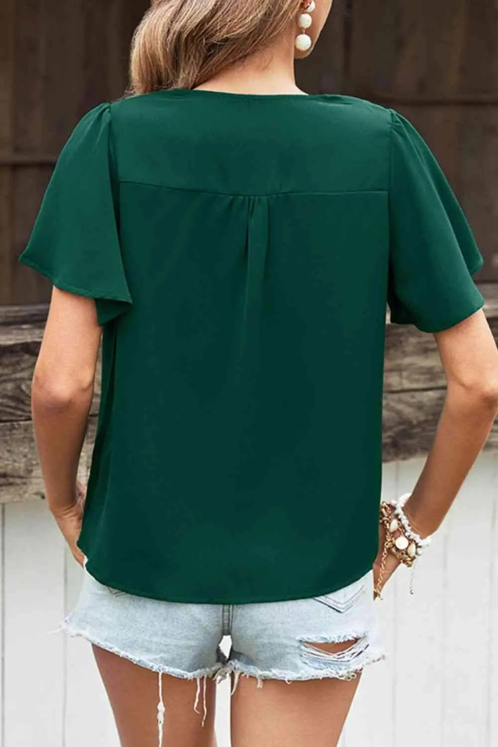 Buttoned Flutter Sleeve V-Neck Blouse Blouses - Tophatter Daily Deals