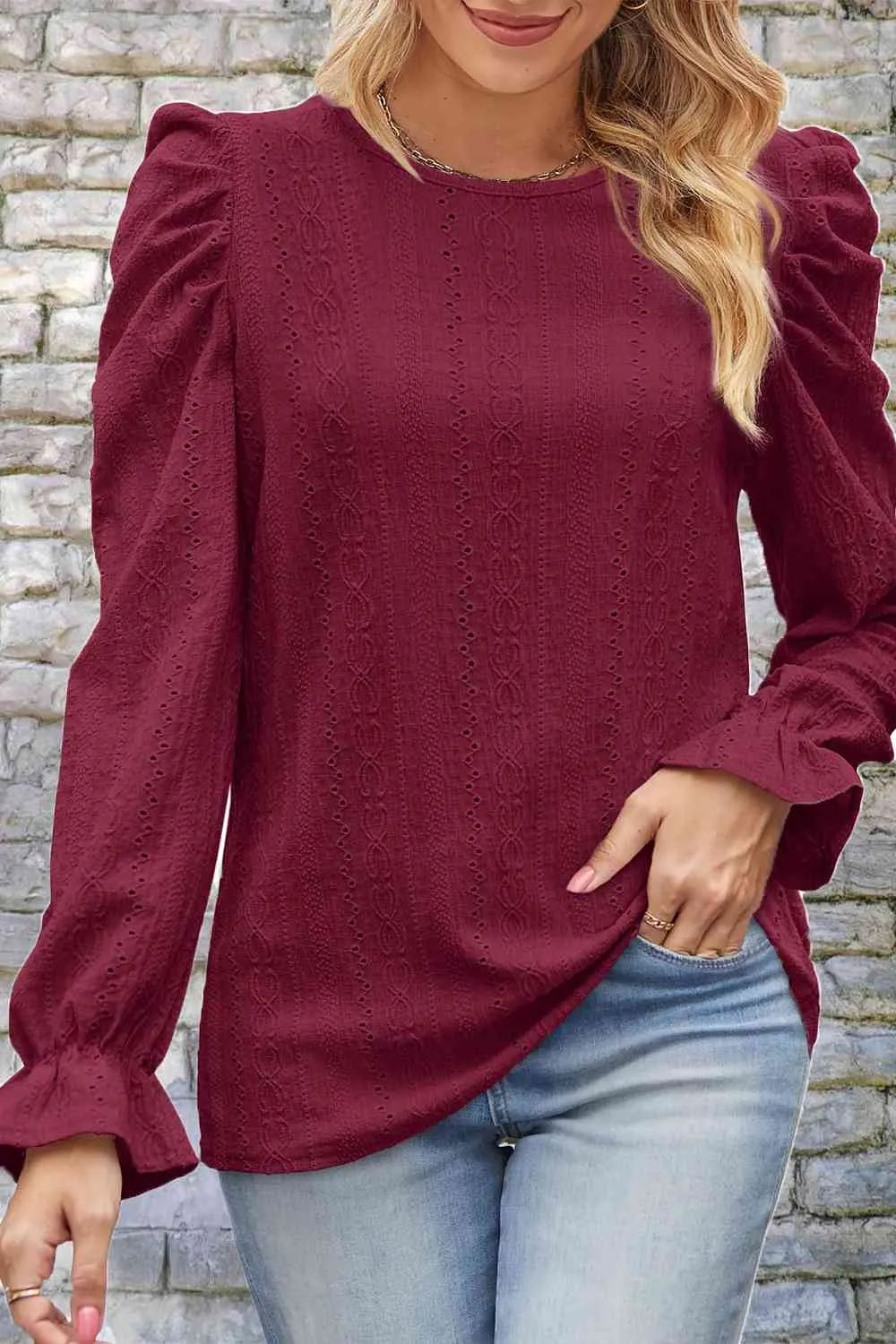 Round Neck Puff Sleeve Blouse Blouses - Tophatter Daily Deals