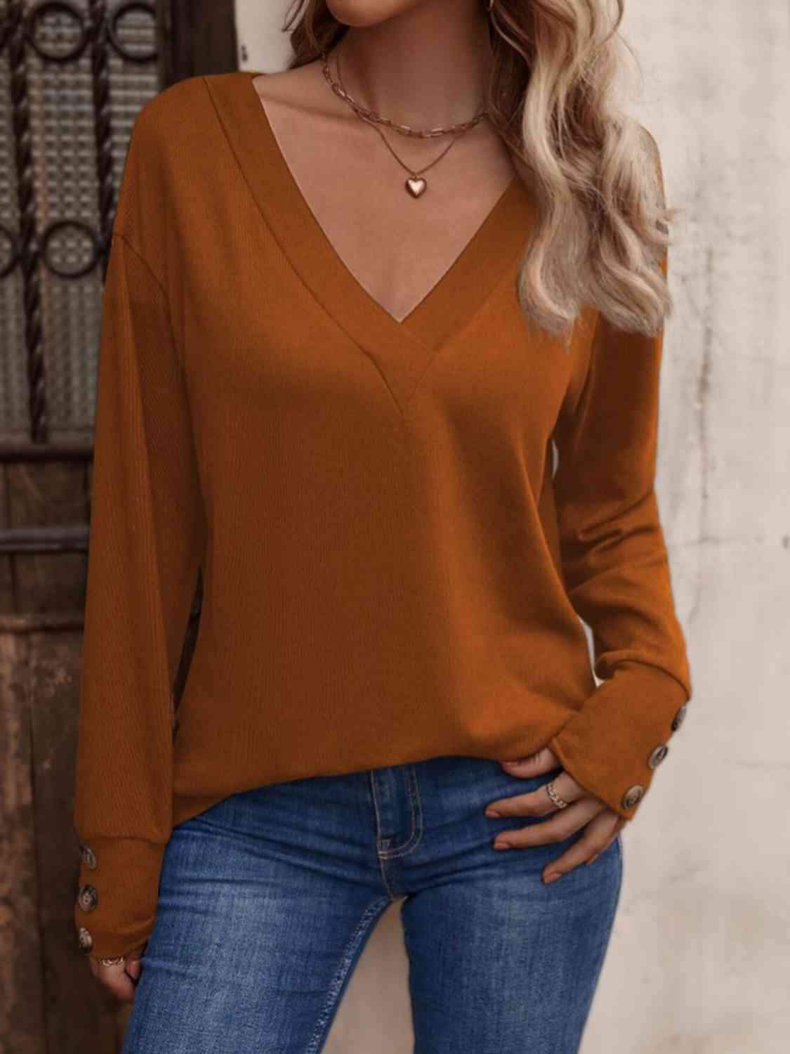 V-Neck Long Sleeve Top Ochre Women's T-Shirts - Tophatter Daily Deals