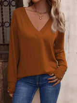 V-Neck Long Sleeve Top Ochre Women's T-Shirts - Tophatter Daily Deals