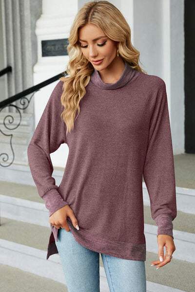 Slit Mock Neck Long Sleeve T-Shirt Women's T-Shirts - Tophatter Daily Deals