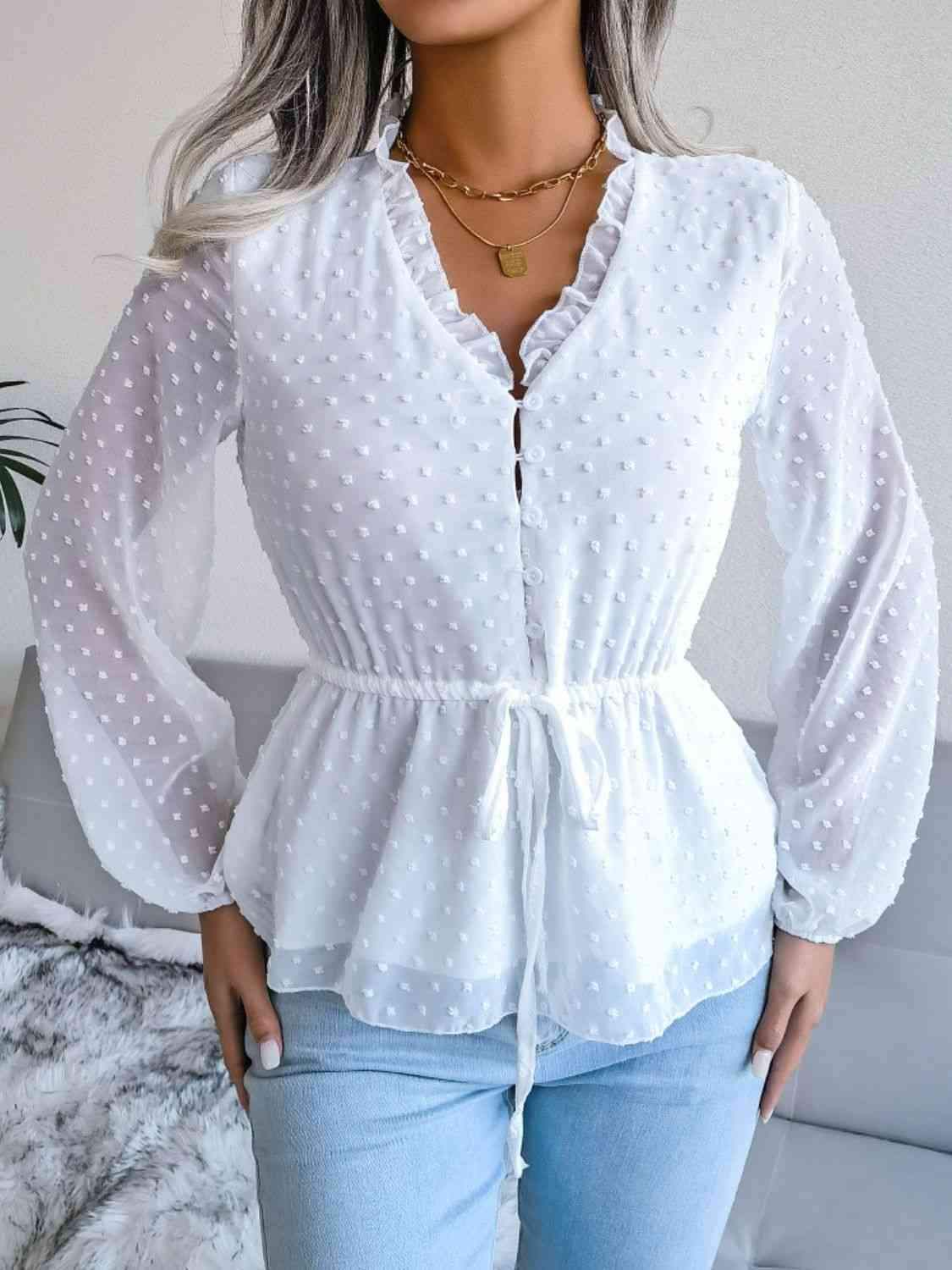 Swiss Dot Frill Trim Drawstring Waist Peplum Blouse White Blouses - Tophatter Daily Deals