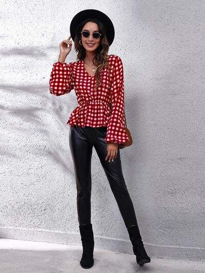 Plaid V-Neck Balloon Sleeve Peplum Blouse Blouses - Tophatter Daily Deals