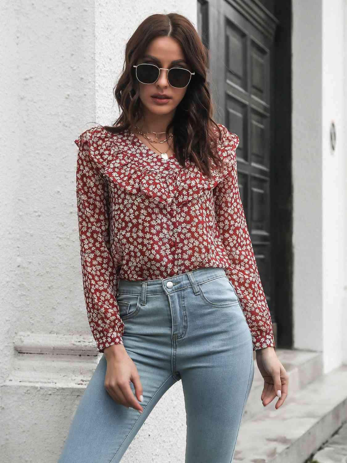 Printed Statement Collar Long Sleeve Blouse Deep Red Blouses - Tophatter Daily Deals