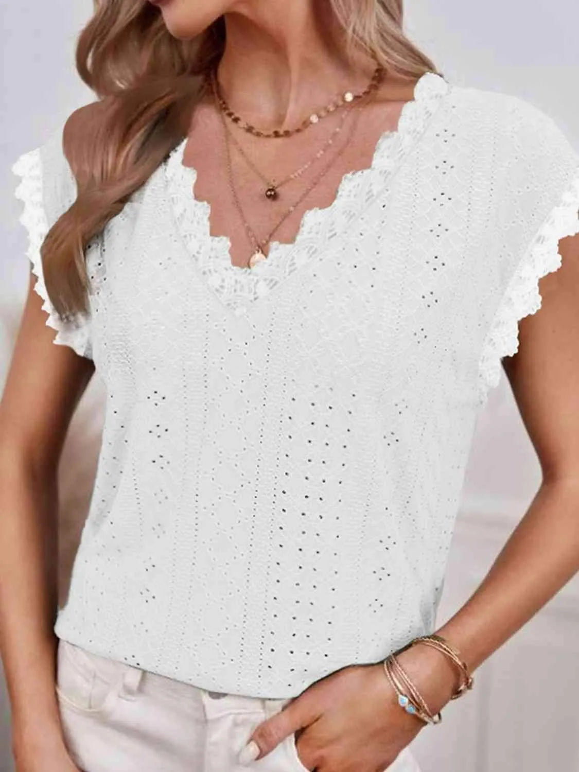 V-Neck Eyelet Short Sleeve Top Blouses - Tophatter Daily Deals