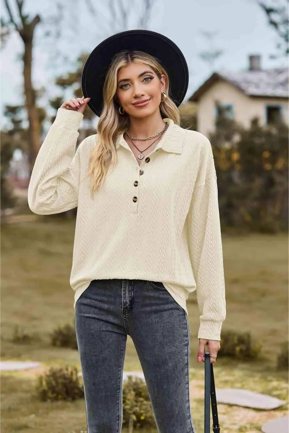 Collared Neck Long Sleeve Blouse Ivory Blouses - Tophatter Daily Deals