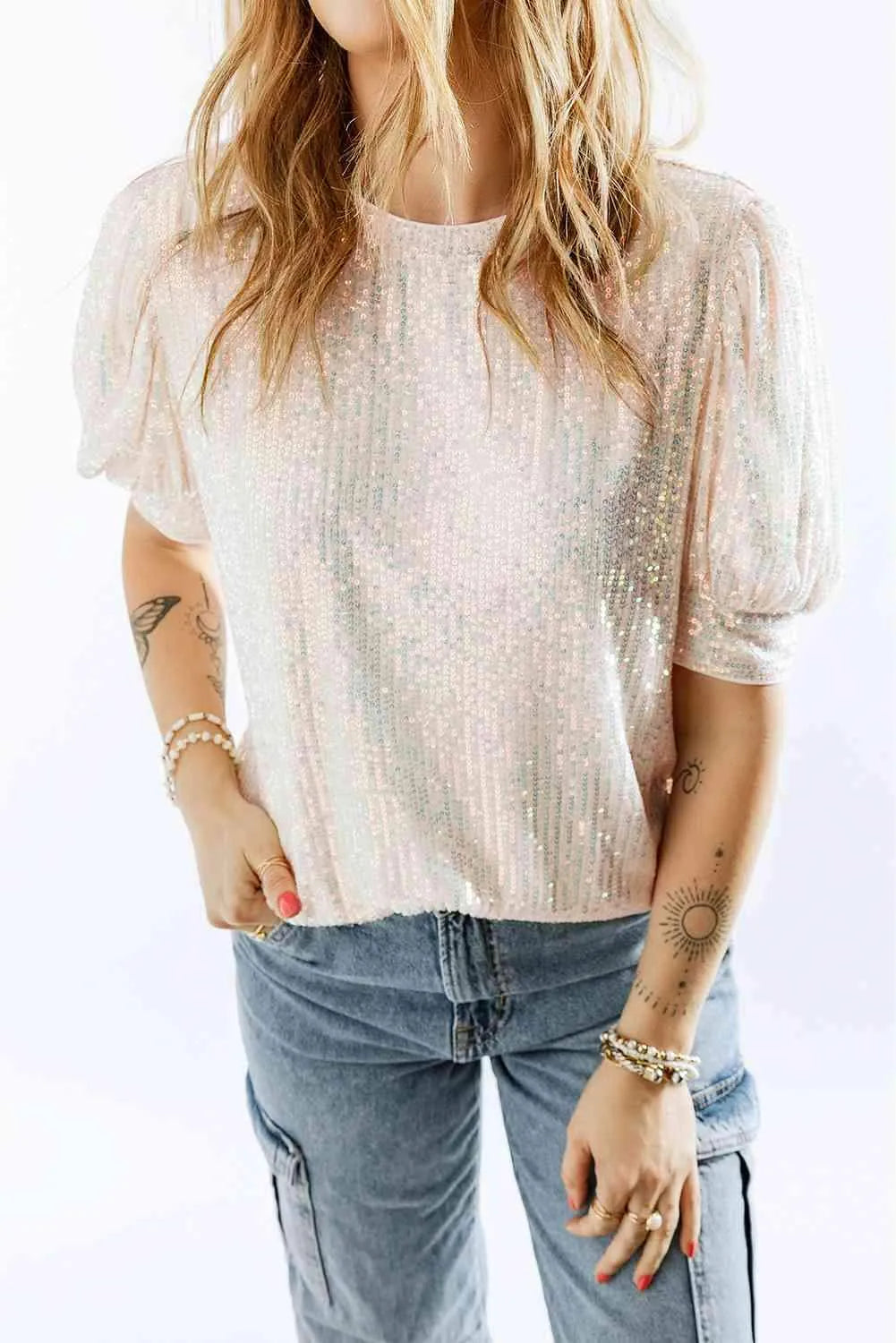 Sequin Round Neck Short Sleeve Top Blouses - Tophatter Daily Deals