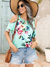 Floral Cold-Shoulder Short Sleeve Top Blouses - Tophatter Daily Deals