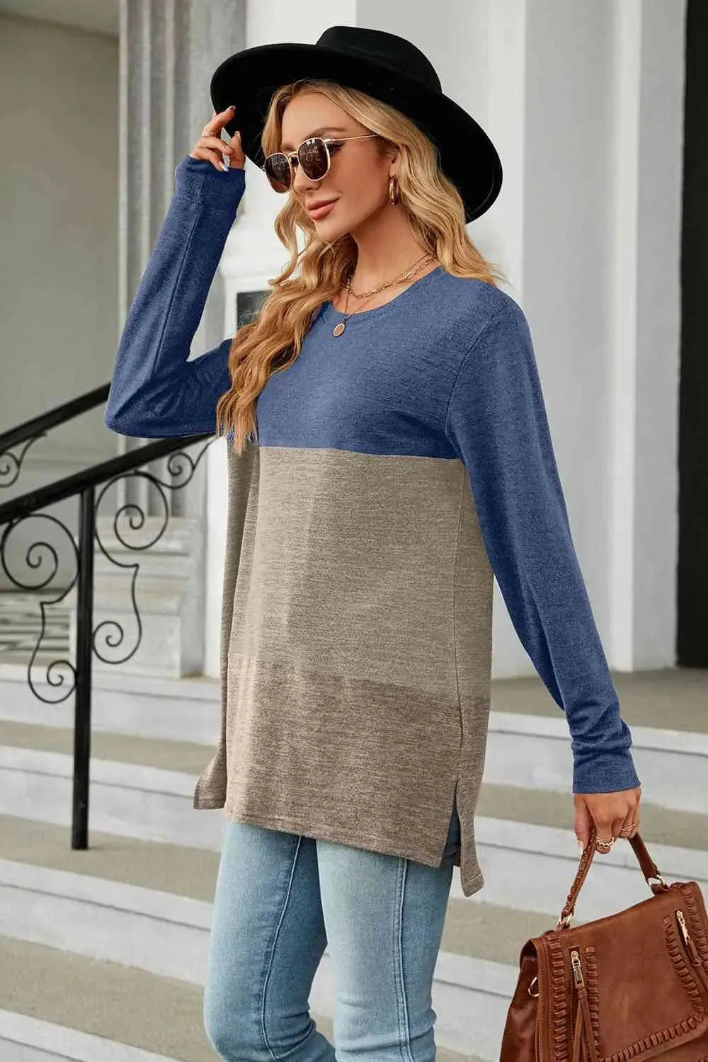 Color Block Round Neck Long Sleeve Slit T-Shirt Women's T-Shirts - Tophatter Daily Deals