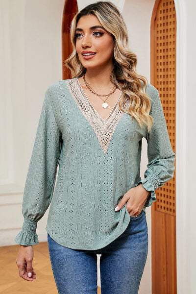 Eyelet V-Neck Flounce Sleeve T-Shirt Gum Leaf Women's T-Shirts - Tophatter Daily Deals