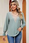 Eyelet V-Neck Flounce Sleeve T-Shirt Gum Leaf Women's T-Shirts - Tophatter Daily Deals