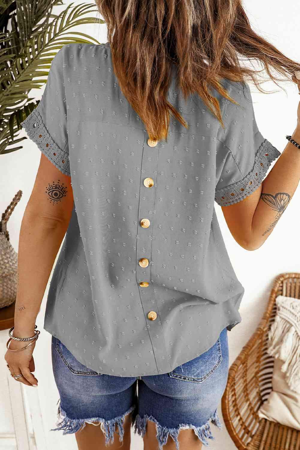 Swiss Dot Decorative Button Short Sleeve Blouse Blouses - Tophatter Daily Deals