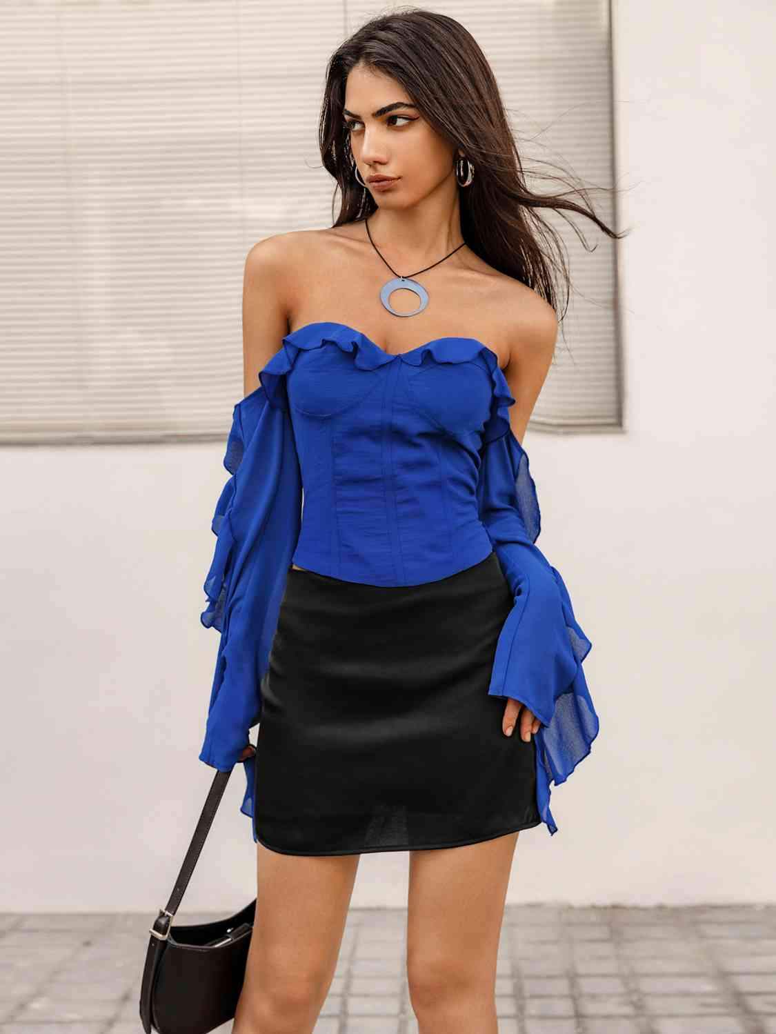 Ruffled Off-Shoulder Top Royal Blue Blouses - Tophatter Daily Deals