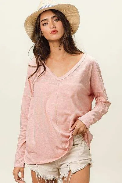 BiBi Exposed Seam V-Neck Long Sleeve T-Shirt Women's T-Shirts - Tophatter Daily Deals