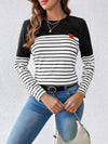 Heart Patch Striped Round Neck Long Sleeve T-Shirt Women's T-Shirts - Tophatter Daily Deals