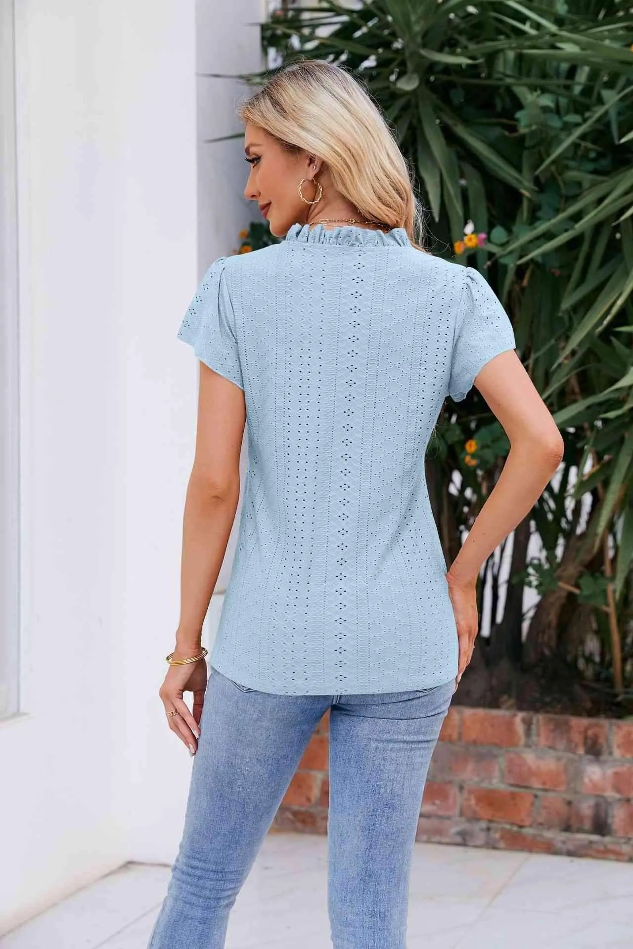 Notched Neck Puff Sleeve Blouse Blouses - Tophatter Daily Deals